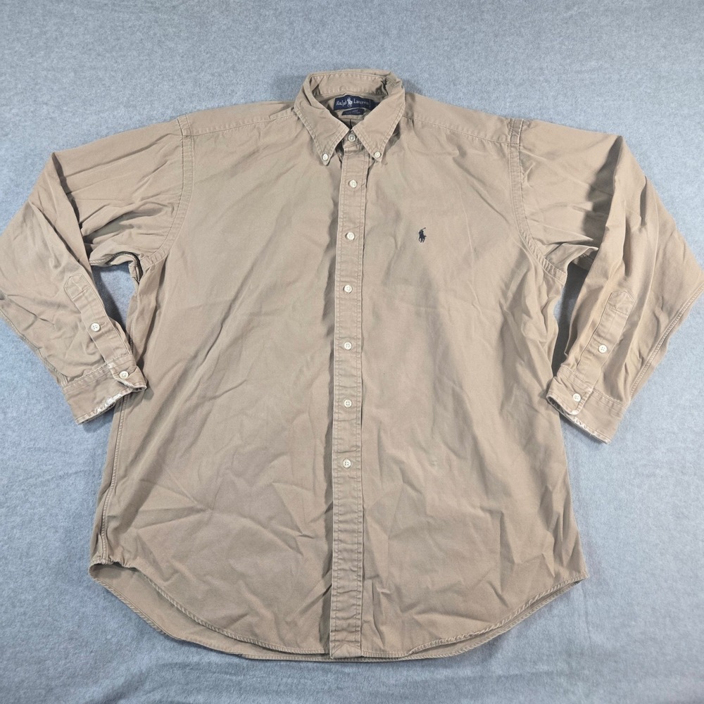 Ralph Lauren Blaire Mens Large Tan Cotton Canvas Button Down Shirt Khaki Pony